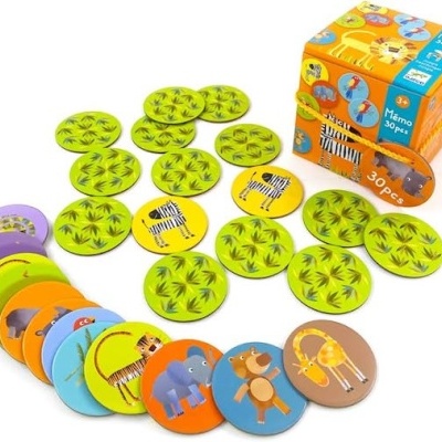 Jogo de memória infantil com peças ilustradas de animais e embalagem colorida