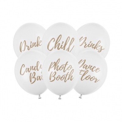 Seis balões brancos com texto dourado para festas