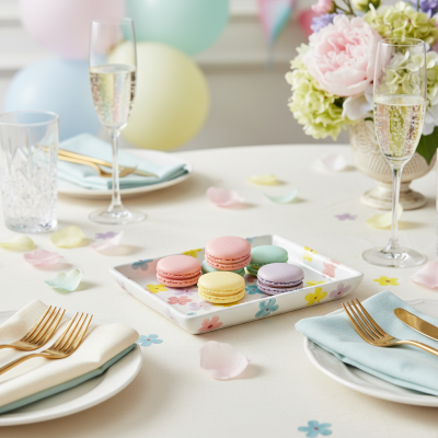 Prato decorativo com macarons coloridos, copos de champanhe e flores em mesa decorada