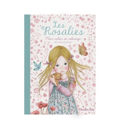 Livro de colorir com ilustração de menina, gatinho, flores e borboletas