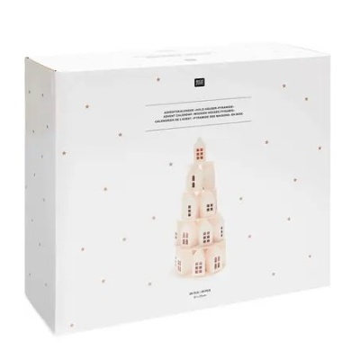 Caixa branca com imagem de torre cerâmica de casas empilhadas e estrelas douradas