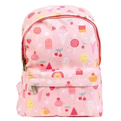 Mochila cor-de-rosa com padrão de gelados e doces