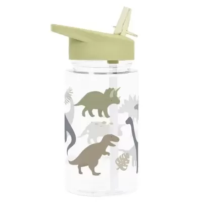 Garrafa de plástico transparente com tampa verde clara e estampas de dinossauros coloridos.