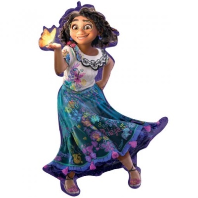 Personagem animada com vestido azul floral e borboleta na mão