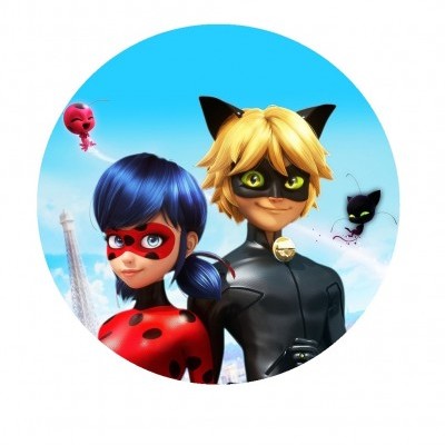 Personagens animados Ladybug e Cat Noir com fundo azul