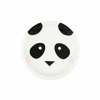 prato de papel com desenho de rosto de panda em preto e branco