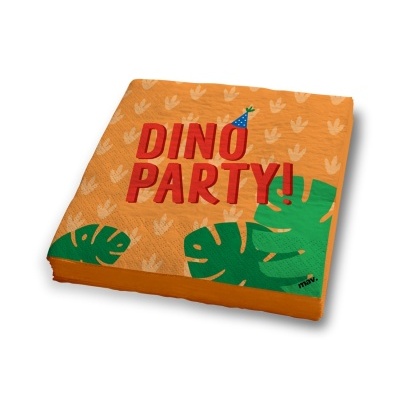 Guardanapo de papel laranja com texto DINO PARTY e folhas verdes