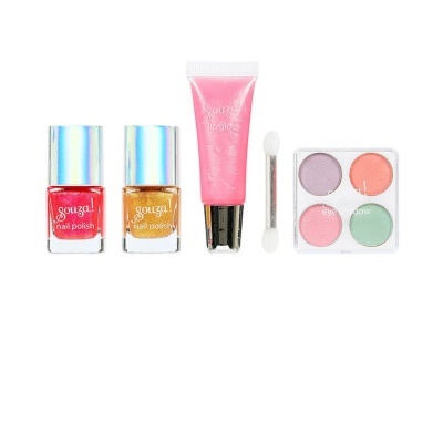 conjunto de cosméticos com vernizes, gloss labial, aplicador e paleta de sombras