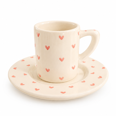 Conjunto de chávena e pires creme com corações rosa