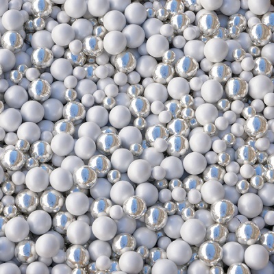 Esferas brancas e esferas metálicas prateadas brilhantes agrupadas