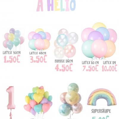 Cartaz colorido com opções de enchimentos de balões e preços em euros