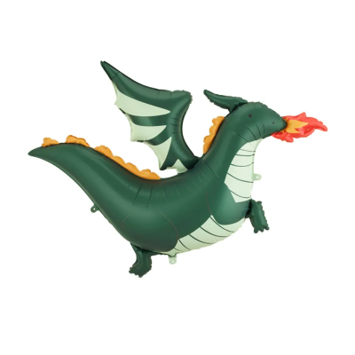 Balão metálico formato dragão verde com fogo na boca