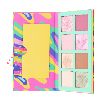 Paleta de maquilhagem com oito cores diferentes em estojo colorido vibrante