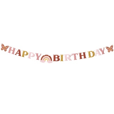 Guirlanda decorativa com letras HAPPY BIRTHDAY, borboletas e arco-íris em tons pastel