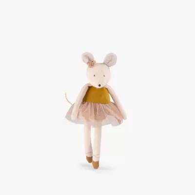 Boneco de peluche rato com vestido amarelo e saia em tule rosa