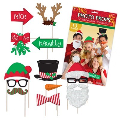 Acessórios fotográficos de Natal para festa com placas, barbas, chapéus, óculos e bigode em papel colorido