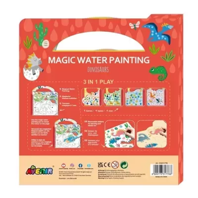 Embalagem vermelha do jogo Magic Water Painting Dinosaurs com imagens de dinossauros e instruções