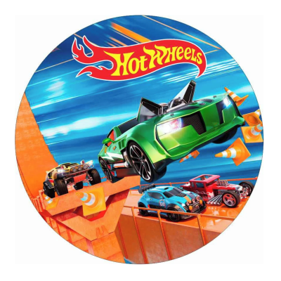 Imagem circular com carros Hot Wheels e logótipo Hot Wheels