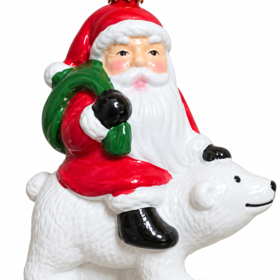 Enfeite natalício do Pai Natal em urso polar branco, cerâmica pintada brilhante