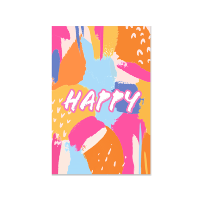 Cartaz colorido com a palavra HAPPY no centro