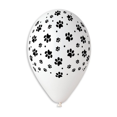 Balão branco com estampas pretas de patas de cachorro