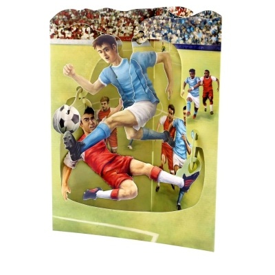 Imagem de figuras tridimensionais de jogadores de futebol em ação dentro de um campo verde.