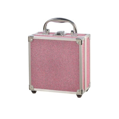 Mala pequena quadrada cor-de-rosa com glitter e detalhes metálicos prateados