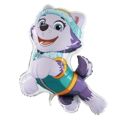 Balão em forma de cão de desenho animado com roupa colorida