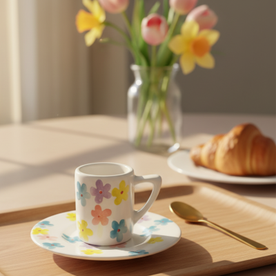 Conjunto de chávena e prato com flores coloridas sobre bandeja de madeira com colher dourada e flores ao fundo