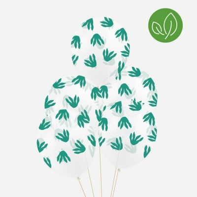 Cinco balões brancos translúcidos com folhas verdes e ícone de sustentabilidade