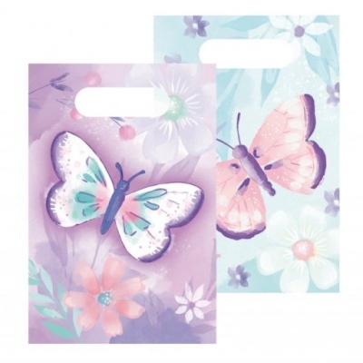 Sacos plásticos decorados com borboletas e flores em tons pastel