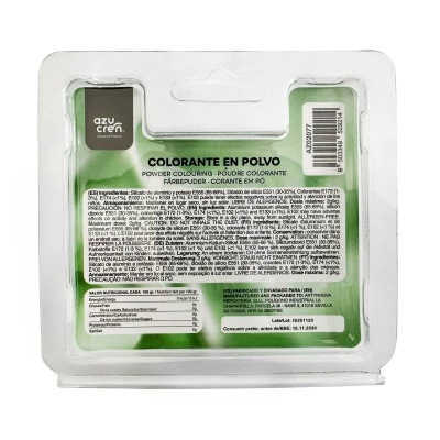 Embalagem de colorante em pó com rótulo verde e texto detalhado