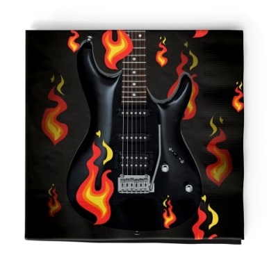Toalha preta com guitarra elétrica preta e chamas coloridas