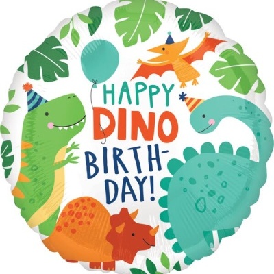 Balão redondo decorativo com tema de dinossauros e texto de aniversário