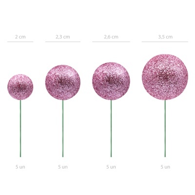 Bolinhas rosa com glitter em palito verde de vários tamanhos