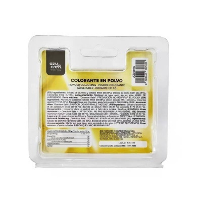 Embalagem de plástico transparente com colorante em pó e rótulo amarelo e preto azucren