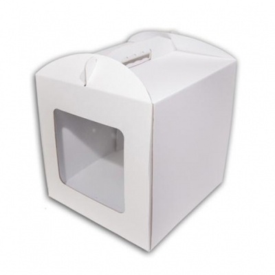 Caixa branca de cartão com visor transparente e alça dobrada no topo