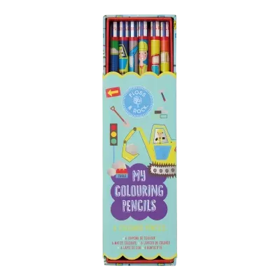 Pack de 6 lápis coloridos ilustrados e caixa azul clara com desenhos de construção