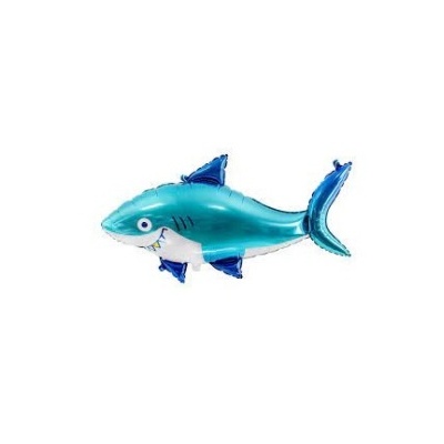 Balão metálico em forma de tubarão azul com barriga branca