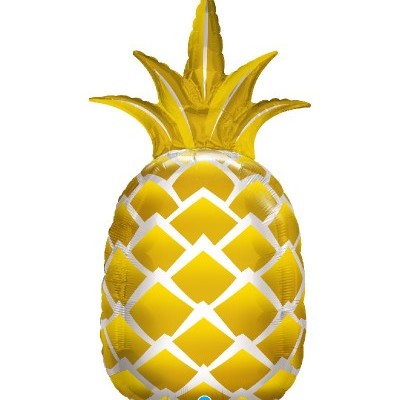 Balão metálico amarelo em forma de ananás com padrão branco