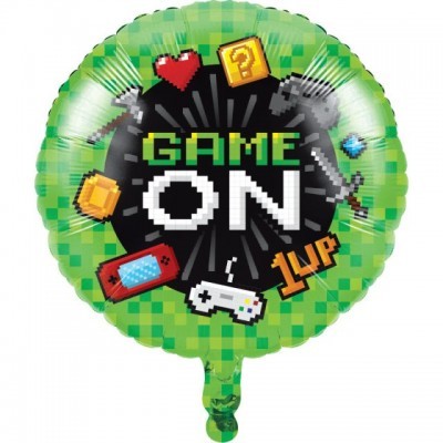 Balão redondo verde com texto 'GAME ON 1UP' e desenhos de videojogos em estilo pixelizado