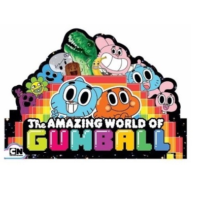 Personagens do desenho The Amazing World of Gumball com texto colorido do título