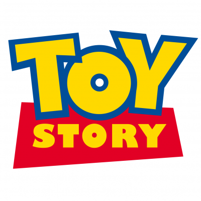 Logotipo colorido Toy Story com letras amarelas e fundo vermelho