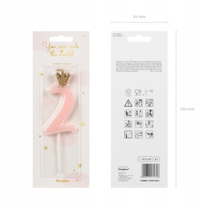 Vela de aniversário rosa número 2 com coroa dourada embalada em plástico
