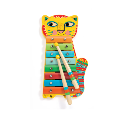 Xilofone infantil colorido em forma de gato com duas baquetas.