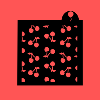 Embalagem preta com padrão de cerejas vermelhas e fundo vermelho