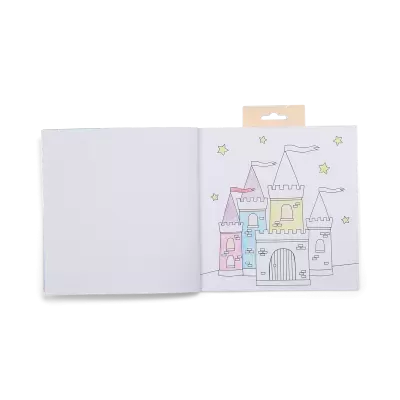 Livro de colorir aberto com desenho de castelo colorido