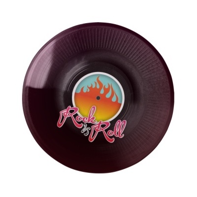 Disco vinil roxo com etiqueta colorida e texto Rock is Roll
