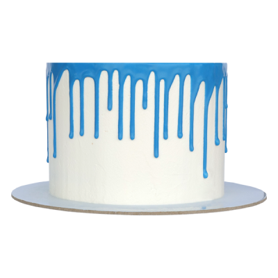 Bolo redondo com cobertura branca e glacê azul