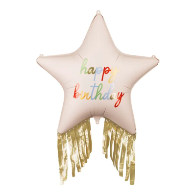 Balão estrela cor de rosa claro com franjas douradas e texto happy birthday colorido